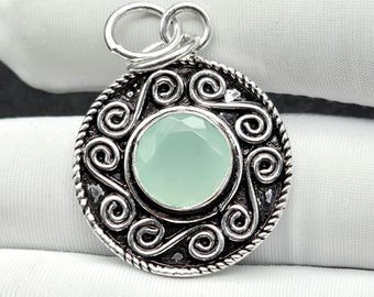 Aqua Chalcedony Handmade Round Pendant, Vintage Style Sterling Silver Gemstone Jewelry Gift For Her
