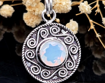Handmade Milky Opal Round Pendant, Vintage Style Sterling Silver Gemstone Jewelry Gift For Her