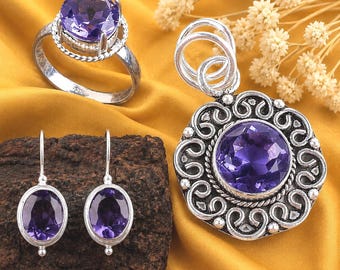 Handmade Iolite Gemstone Sterling Silver Ring Pendant Earrings Set