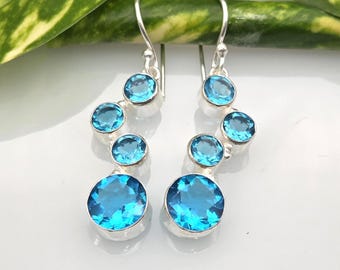 Swiss Blue Topaz Dangle Earrings, Sterling Silver, Handmade Gemstone Jewelry