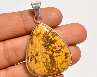 Natural Ocean Jasper Handmade Pendant 1.8" – Sterling Silver Boho Statement Jewelry
