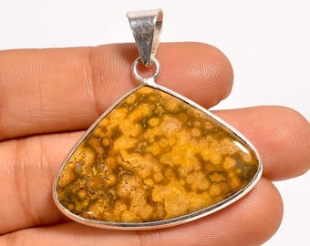 Natural Ocean Jasper Handmade Pendant 1.4" – Sterling Silver Boho Statement Jewelry