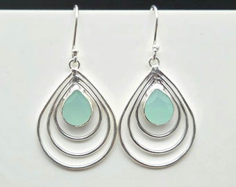 Aqua Chalcedony Teardrop Earrings, Sterling Silver Dangle, Handmade Blue Gemstone Jewelry