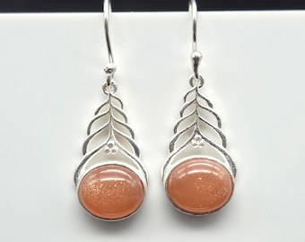 Natural Peach Moonstone Silver Dangle Earrings, Handmade Boho Artisan Jewelry (1.64 Inches)