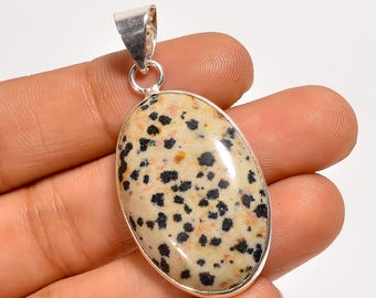 Natural Dalmatian Jasper Gemstone Pendant – Handmade Sterling Silver Boho Statement Jewelry (1.8")