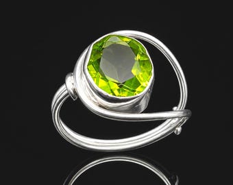 Green Peridot Oval Ring, 925 Sterling Silver, August Birthstone, Handmade Jewelry