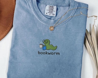 Bookworm Embroidered Tee – Cute Comfort Colors Shirt for Book Lovers, Bookish Gifts