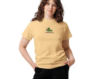 Bookworm Embroidered Tee – Cute Comfort Colors Shirt for Book Lovers, Bookish Gifts