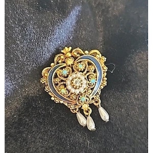 Vintage FLORENZA Signierte Gold Ton Brosche Pin - Strass, Kunstperlen, Emaille