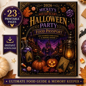 May include: A 2026 Mickey's Not-So-Scary Halloween Party Food Passport book cover featuring a dark purple and black background with a castle, pumpkins, a lantern, and a potion bottle. The text reads 2026 Mickey's Not-So-Scary Halloween Party Food Passport.