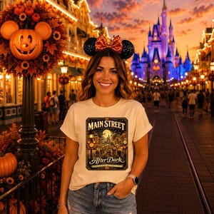 May include: A cream-colored short-sleeve t-shirt featuring a rectangular graphic print with the text "MAIN STREET After Dark" above an illustration of a nighttime street scene with a castle, pumpkins, and a full moon, worn with denim shorts.