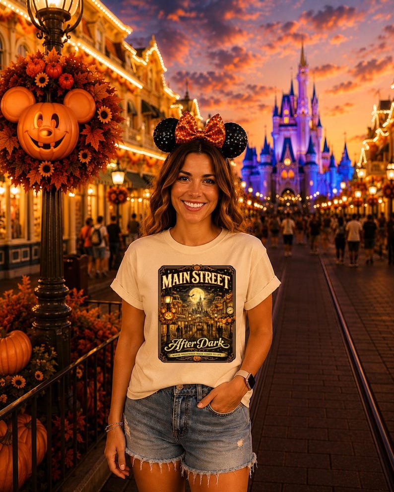 May include: A cream-colored short-sleeve t-shirt featuring a rectangular graphic print with the text "MAIN STREET After Dark" above an illustration of a nighttime street scene with a castle, pumpkins, and a full moon, worn with denim shorts.