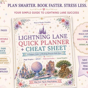 May include: A printable guide titled Lightning Lane Quick Planner + Cheat Sheet featuring illustrations of theme park landmarks, including a castle, a geodesic sphere, a tower, and a tree. The document includes 8 pages, PDF format, and park guides.