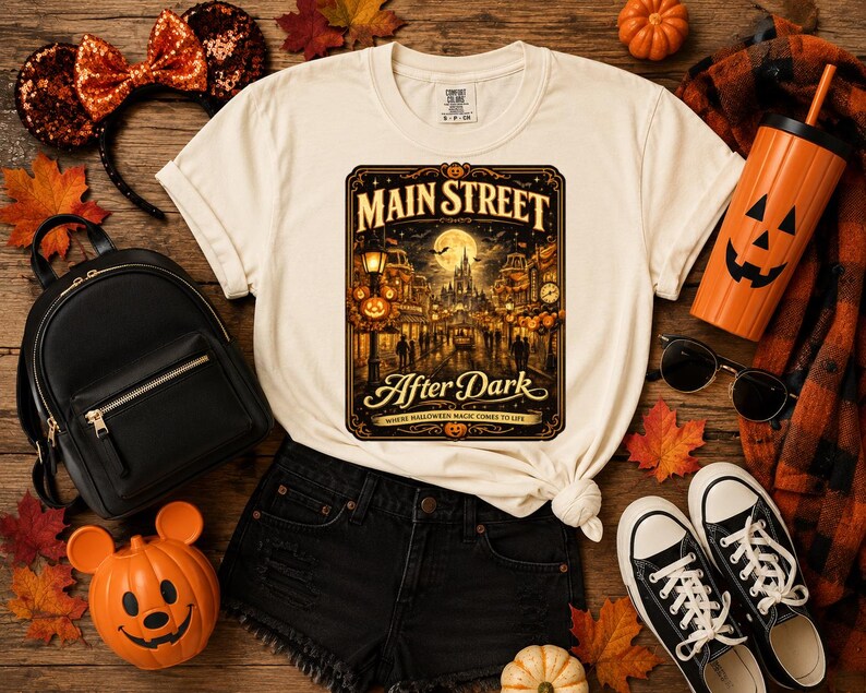 May include: A cream-colored t-shirt featuring a graphic print of a nighttime street scene with a castle, a full moon, and the text MAIN STREET After Dark WHERE HALLOWEEN MAGIC COMES TO LIFE, surrounded by a black backpack, sneakers, and pumpkins.
