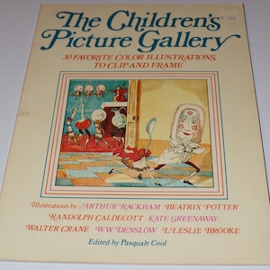 May include: A book cover with the title "The Children's Picture Gallery" and a colorful illustration of a tea party with a teapot, cups, and a spoon with a face.