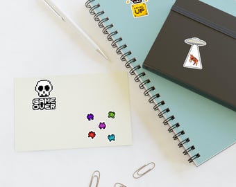 Feuilles d'autocollants pour jeux vidéo pixel rétro | Icônes de joueur 8 bits, autocollants d'arcade