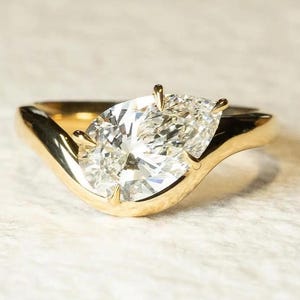 Pear Cut Moissanite Engagement Ring, Asymmetrical Solitaire Ring, Unique Bypass Design, Modern Minimalist Wedding Ring, Custom Fine Jewelry