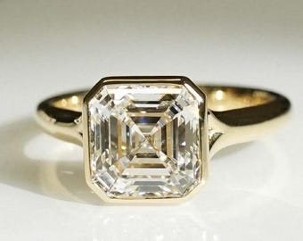 Asscher Cut Lab Grown Diamond Engagement Ring | 14k Yellow Gold Ring | Bezel Set Ring | Solitaire Wedding Ring | Diamond Ring | Gift for Her