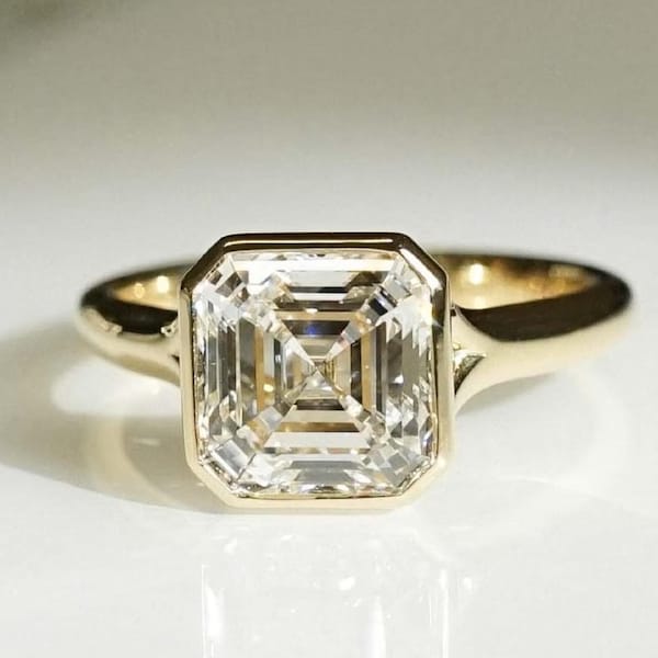 Asscher Cut Lab Grown Diamond Engagement Ring | 14k Yellow Gold Ring | Bezel Set Ring | Solitaire Wedding Ring | Diamond Ring | Gift for Her