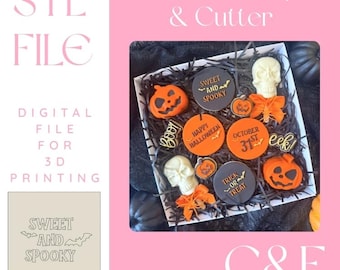May include: A pink background with text that reads "Cookie Stamp & Cutter" and "STL FILE". A box of Halloween-themed cookies with pumpkin and skull designs. The cookies have phrases like "Sweet and Spooky" and "Happy Halloween".