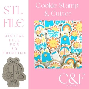 Puede incluir: Un fondo rosa con el texto "STL FILE DIGITAL FILE FOR 3D PRINTING" y "Cookie Stamp & Cutter". La imagen muestra galletas con temática de bebé y un cortador de galletas. Las galletas están decoradas con monos azules, arcoíris y soles.
