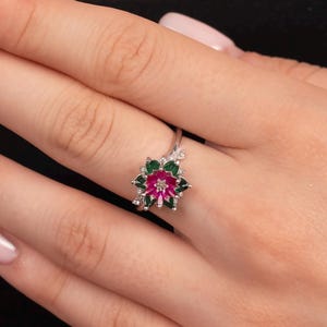 Emerald and Ruby Lotus Flower Ring for Her, Gemstone Floral Ring, Luxury Lotus Flower Ring, Nature Inspired Jewelry, Lotus Birthstone Ring