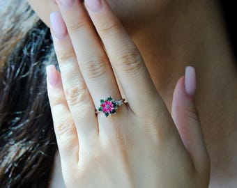 Emerald and Ruby Lotus Flower Ring for Her,Gift for her,Gemstone Floral Ring, , Nature Inspired Jewelry, Lotus Birthstone Ring