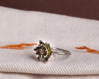 Solid Gold Peridot Stone Lotus Promise Ring for Her, Green Gemstone Lotus Ring, Handmade Spiritual Jewelry, Nature Inspired Lotus Ring