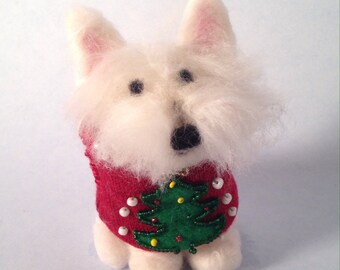 Westie figurine wearing a Christmas sweater, ready to ship!