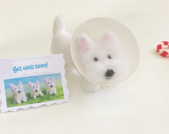 Get well soon westie wearing a cone or scarf figurine ~ west highland white terrier gift with card ~ ready to ship!