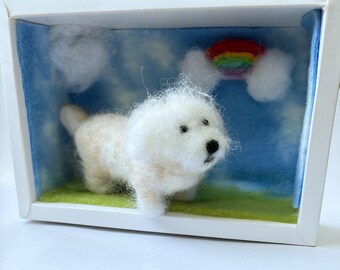 Little white needlefelted dog at the rainbow bridge, reserved for Lillian