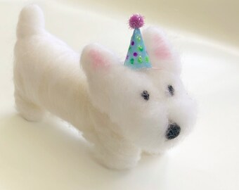 Happy Birthday westie figurine  wearing a party hat, westie sculpture