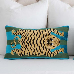 Jokhang Tiger Velvet Blue Green Lumbar Throw Pillow Cover with Gold Zipper for Living Room Decor, Schumacher Designer Hartig Luxury Fabric