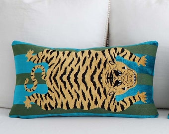 Jokhang Tiger Velvet Blue Green Lumbar Throw Pillow Cover with Gold Zipper for Living Room Decor, Schumacher Designer Hartig Luxury Fabric