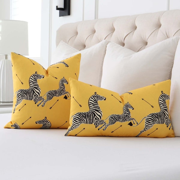 Yellow and Black Designer Lumbar Throw Pillow Cover with Zipper for Luxury Bedroom Bedding, Scalamandre Zebras Petite for Luxury Bed in Home