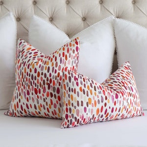 Designer Scalamandre Linen Hand Painted Lumbar Throw Pillow Cover in Wild Berry Pink for Pretty Luxe Bedroom, Luxury Jamboree Print For Home