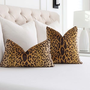 Silk Velvet Leopard Print Lumbar Throw Pillow Cover with Zipper in Gold & Black, Scalamandre Leopardo Designer Animal for Nursery or Bedroom