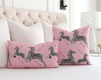 Pink and Black Designer Lumbar Throw Pillow Cover with Zipper for Luxury Bedroom Bedding, Scalamandre Zebras Petite in Peony, Chic Fun Decor