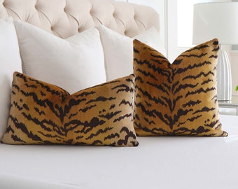 Silk Velvet Tiger Print Lumbar Throw Pillow Cover with Zipper in Gold & Black, Scalamandre Tigre Designer Animal for Posh Nursery or Bedroom