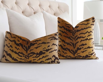 Silk Velvet Tiger Print Lumbar Throw Pillow Cover with Zipper in Gold & Black, Scalamandre Tigre Designer Animal for Posh Nursery or Bedroom