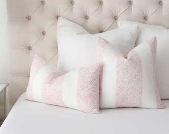 Blush Pink Hand Printed Decorative Lumbar Throw Pillow Cover For Bedroom Bedding, Cushion Cover Toss Accent, Designer Thibaut Clipperton