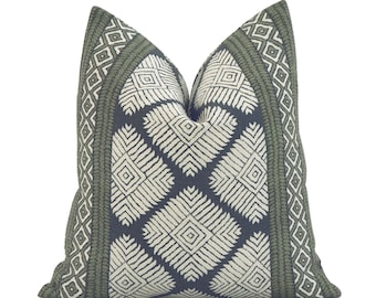 SALE Thibaut Austin Blue and Green Geometric Designer Linen Pillow Cover, 10x20" 12x22 Square Lumbar Size, Tribal Print Zippered Cushion