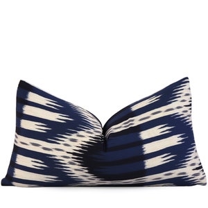 SALE Schumacher Bukhara Horizontal Ikat Indigo Blue Pillow Cover, Zippered Lumbar Cushion Cover, Bohemian Decor, 10x20 12x16 2x18