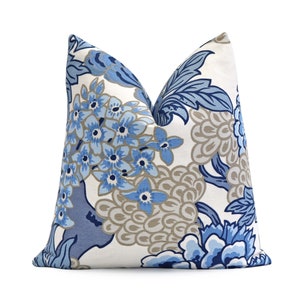 Thibaut Honshu Blue and Beige Throw Pillow Cover with Zipper, Large Floral Euro Sham Accent Toss, Designer Cushion Case Floral Bedding Decor