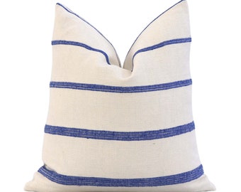 Schumacher Cambaya Royal Blue Handwoven Stripe Cushion Cover with Zipper, Designer Lavish Cotton Accent Pillow, Blue Embroidered Pillow Sham