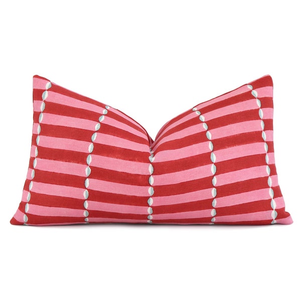 Linen Pink Red Aqua Striped Lumbar Throw Pillow Cover for Bed Bedroom, Handmade Indian Block Print, Molly Mahon Schumacher, Luna