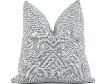 Scalamandre Antigua Weave Sky Blue Throw Pillow Cover with Zipper, Geometric Jacquard Eurosham, Accent Slip Case for Home Decor