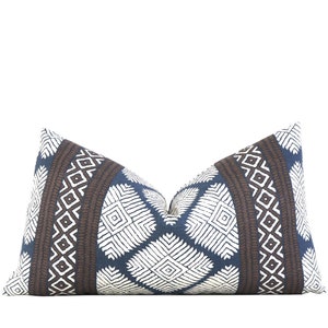 SALE Thibaut Austin Blue and Brown Geometric Designer Linen Pillow Cover, 8x20&quot; Rectangle, Tribal Print Zippered Cushion