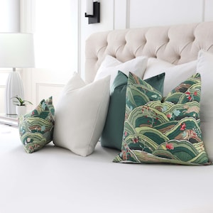 Green Rolling Hills Throw Pillow Cover Case with Gold Zipper, Schumacher Designer Luxury Linen, Nature Euro Sham Accent Cushion for Bedding image 3