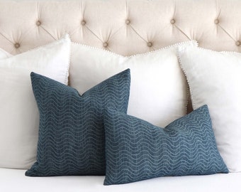 Kelly Wearstler Lumbar Textured Decorative Throw Pillow Cover in Cobalt Blue, Linen Stripe Designer Slipcover for Bed Room, Dadami High End